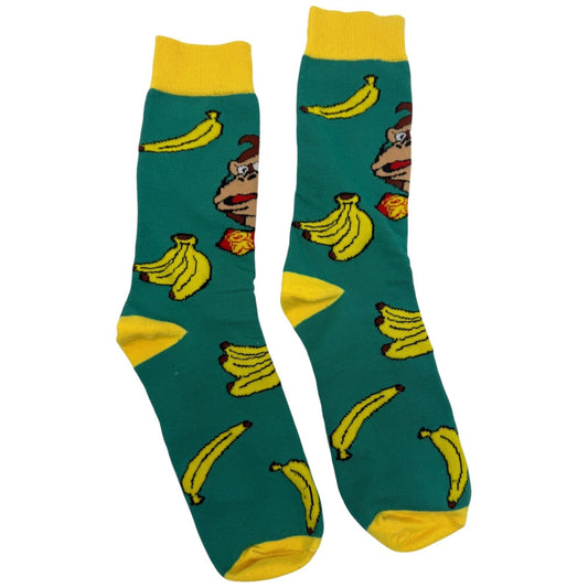 Donkey Kong Socks Novelty Cartoon Character Green Yellow Banana Pattern