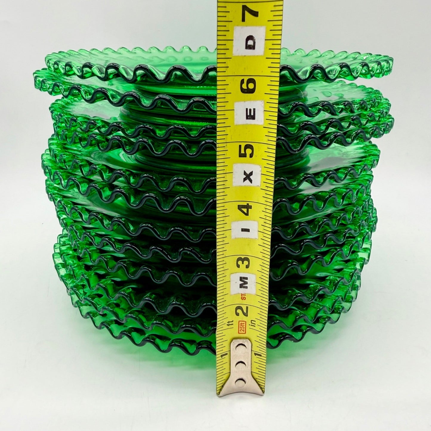 Vintage Emerald Green Glass Plates Set of 12 Ruffled Pie Crust Rim Dessert Salad