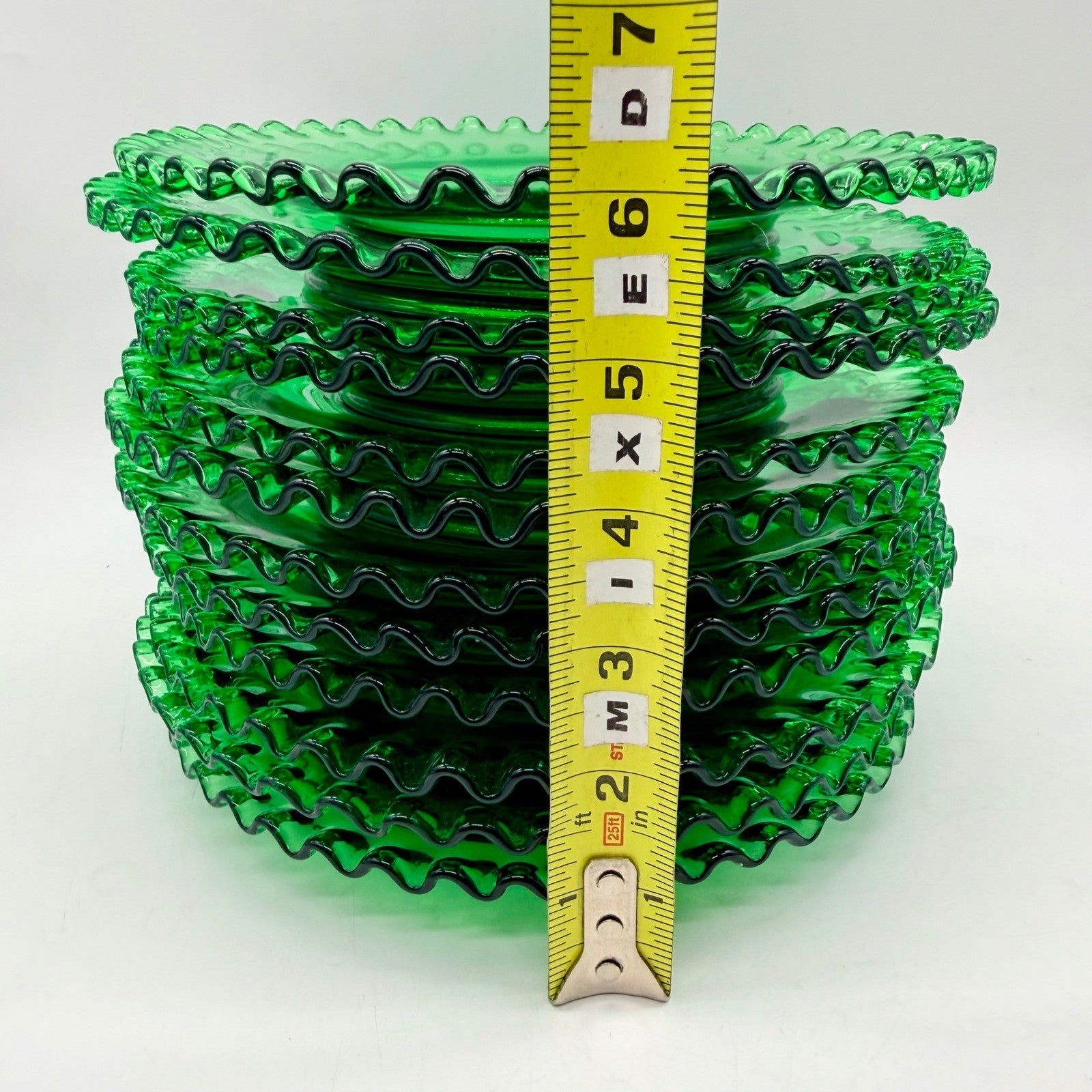 Vintage Emerald Green Glass Plates Set of 12 Ruffled Pie Crust Rim Dessert Salad
