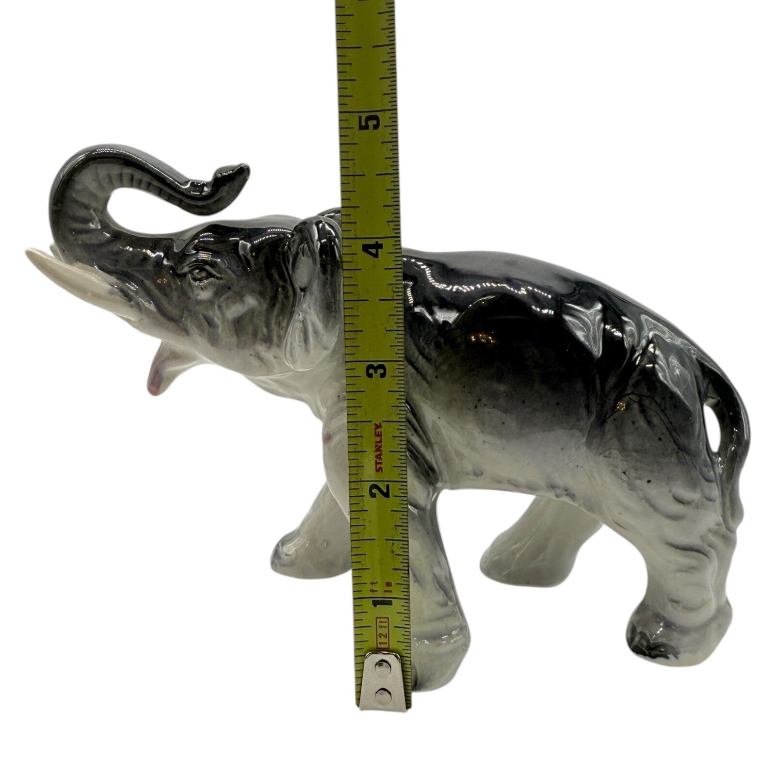 Vintage Japanese Dark Grey Porcelain Elephant Figurine - Trunk Up - Collectible