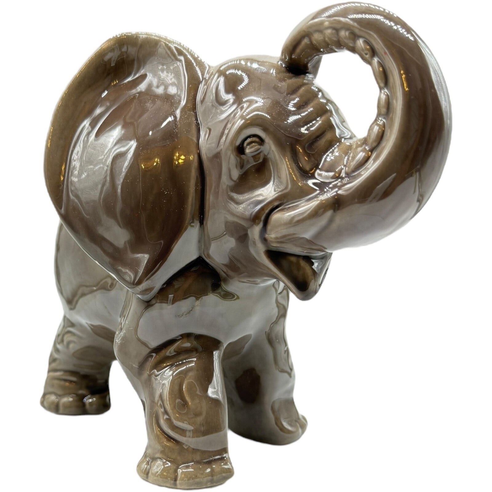 Vintage Porcelain Elephant Figurine 7" Japan | Trunk Up Good Luck | Gray/Brown