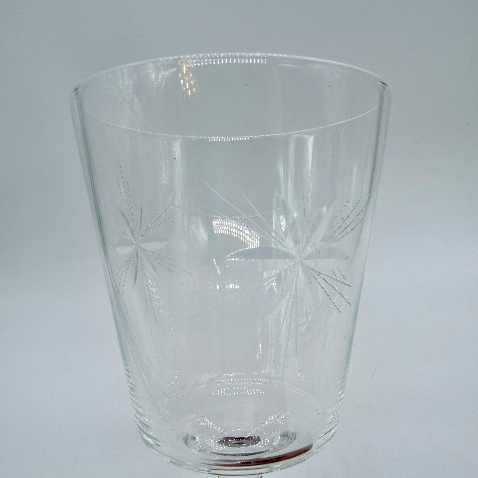 Vintage Etched Starburst Glass Stemware Set 7pc Flutes Wine Goblets Coupes MCM