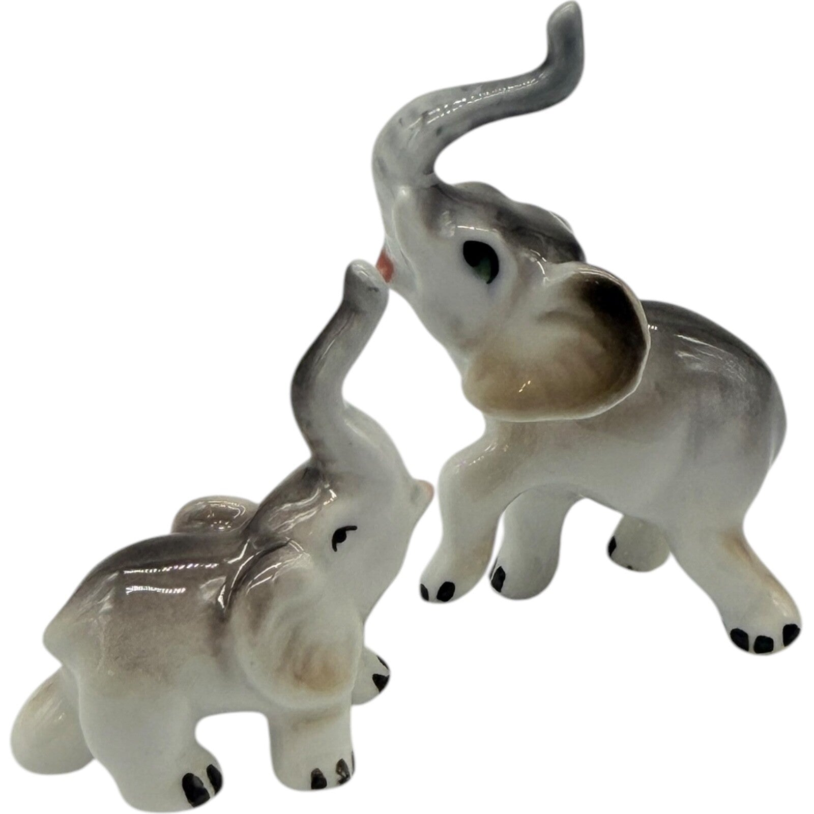 Vintage Japan Ceramic Miniature Elephant Figurines - Parent & Child - Good Luck