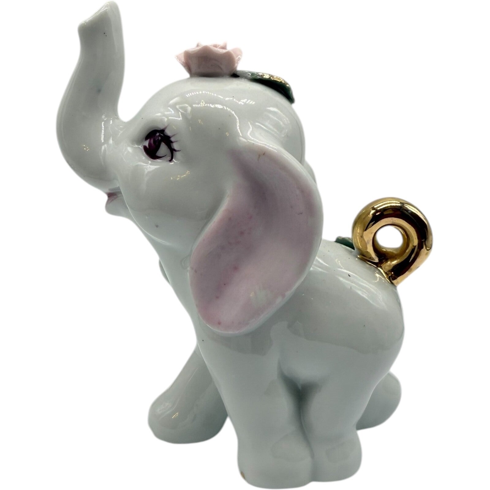 Vintage White Ceramic Elephant Figurine with Gold Tail & Highlighted Flowers