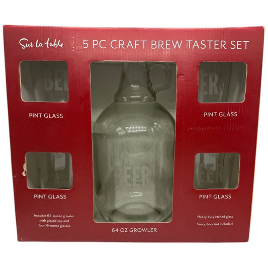 Sur La Table 5 Piece Craft Brew Taster Set Growler Four Pint Glasses Etched