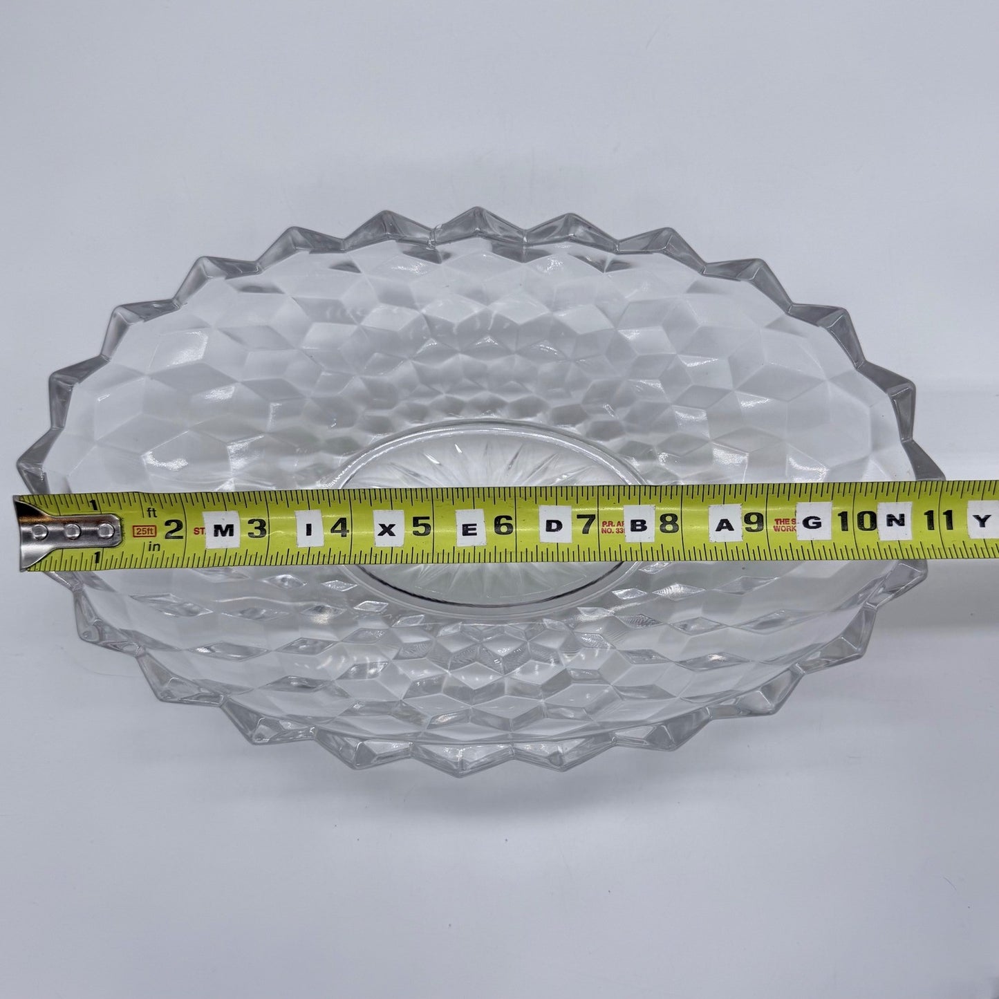 Vintage Cut Glass Serving Bowl Diamond Pattern Scalloped Rim 11 Inch
