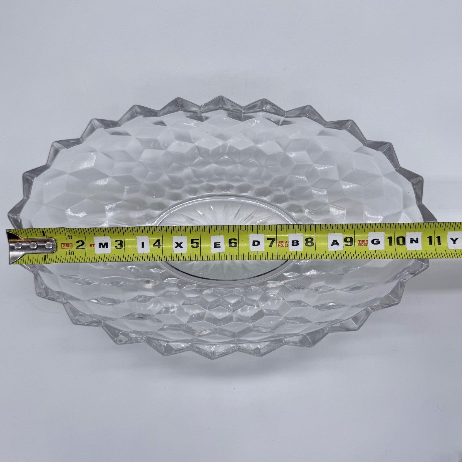Vintage Cut Glass Serving Bowl Diamond Pattern Scalloped Rim 11 Inch