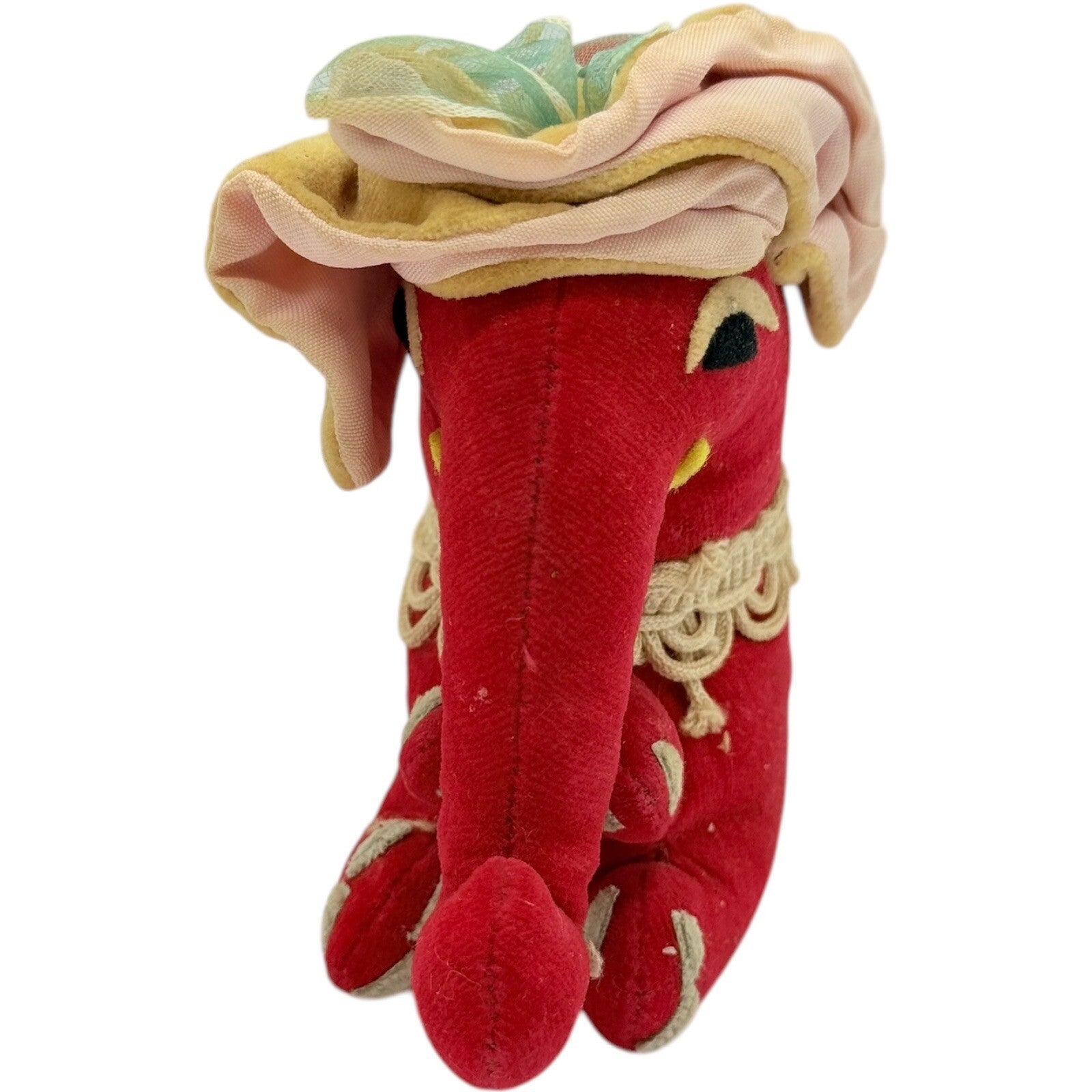 Vintage Red Elephant Plush Toy Stuffed Animal with Bonnet & Lace Trim