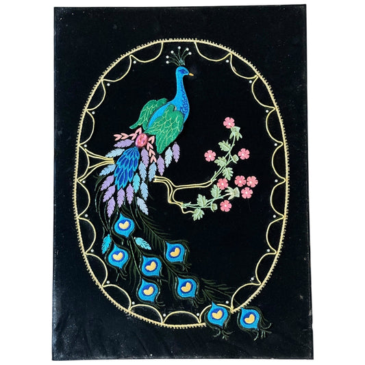Vintage 70s Peacock Art Velvet Wall Hanging Embroidered Beaded on Velvet Decor