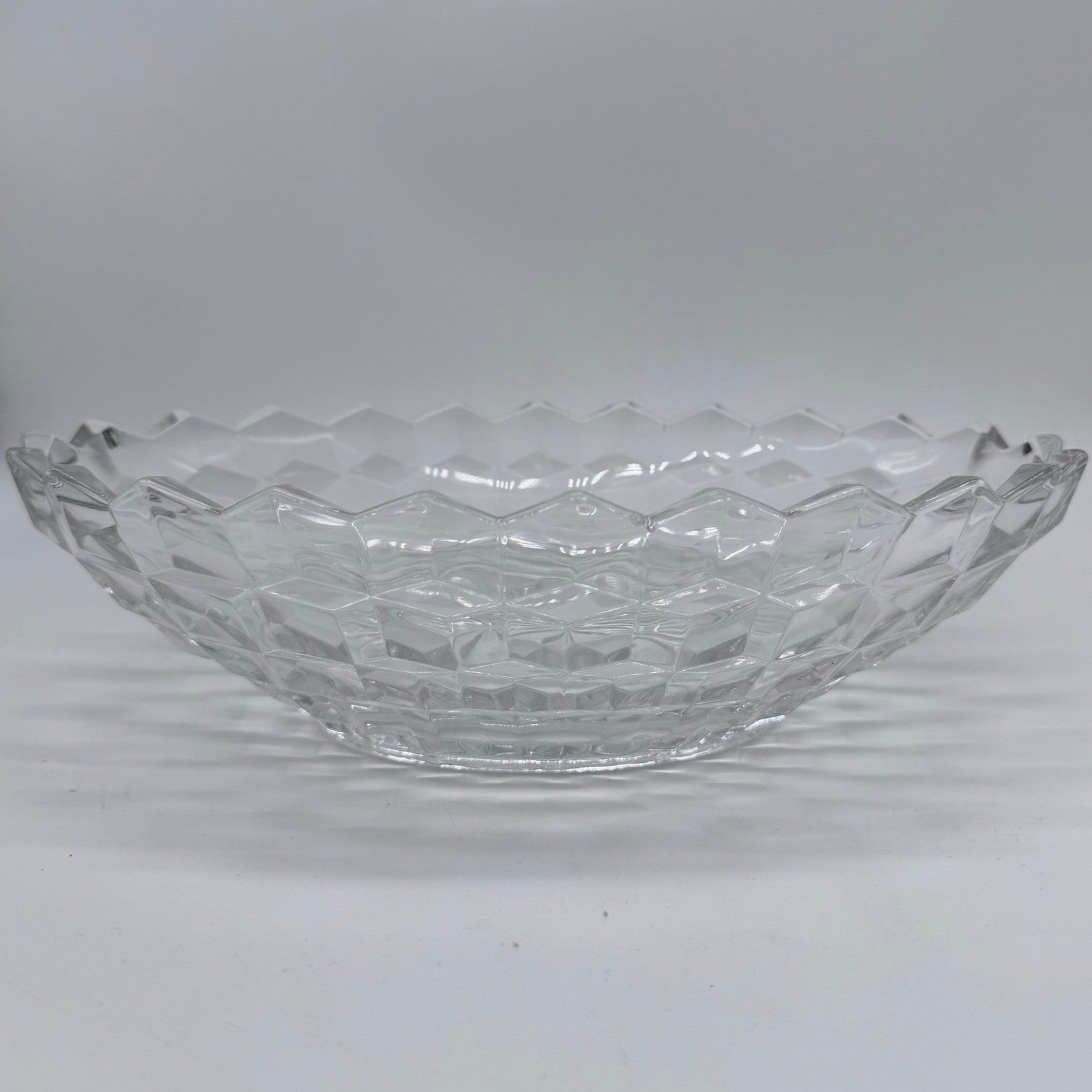 Vintage Cut Glass Serving Bowl Diamond Pattern Scalloped Rim 11 Inch