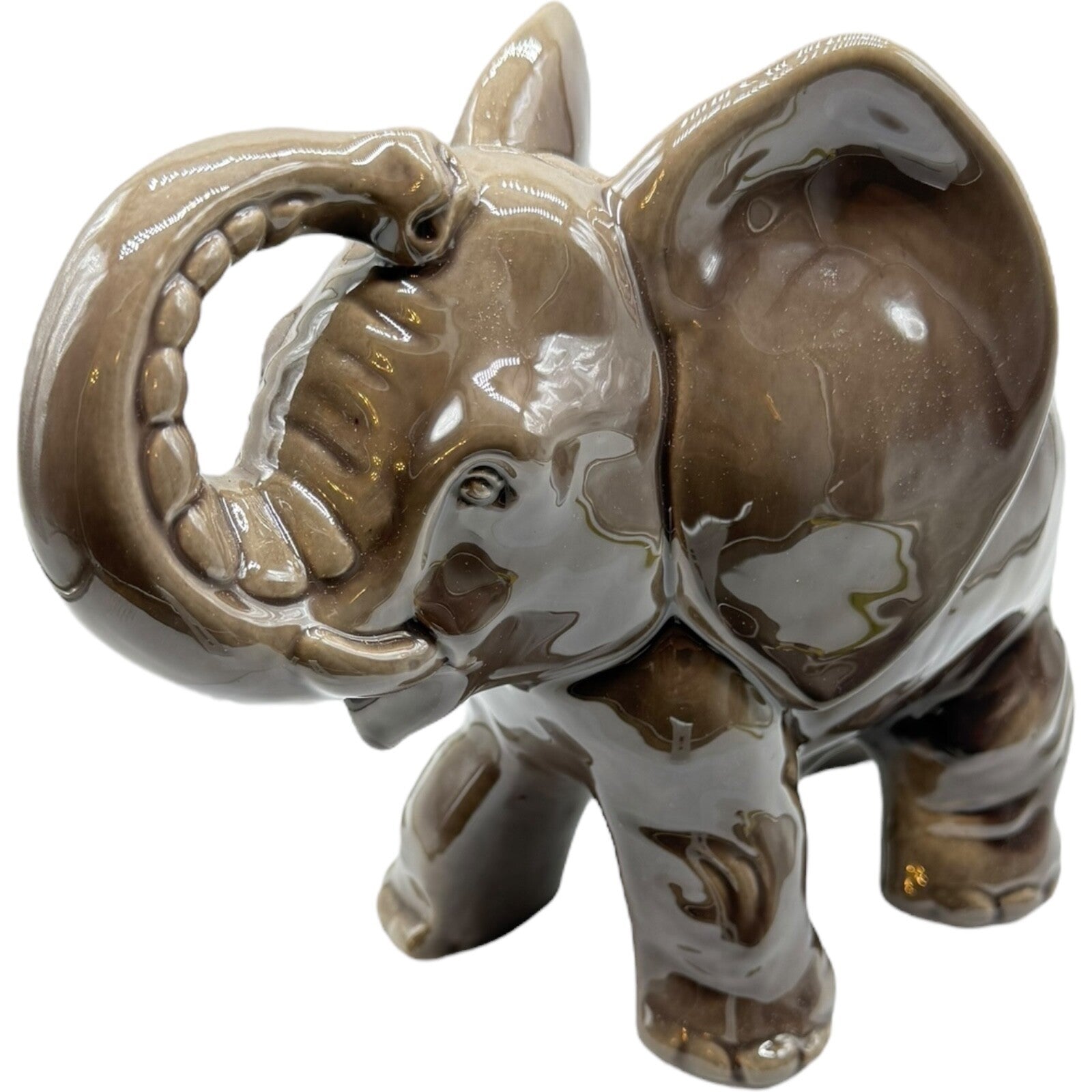 Vintage Porcelain Elephant Figurine 7" Japan | Trunk Up Good Luck | Gray/Brown