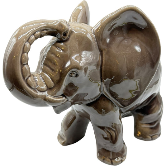 Vintage Porcelain Elephant Figurine 7" Japan | Trunk Up Good Luck | Gray/Brown
