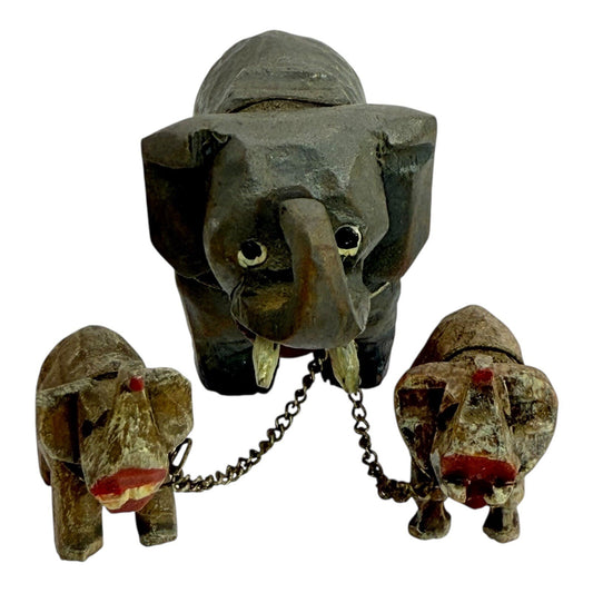 Vintage Hand Carved Wood Elephant Family Sculpture Folk Art Decor Small