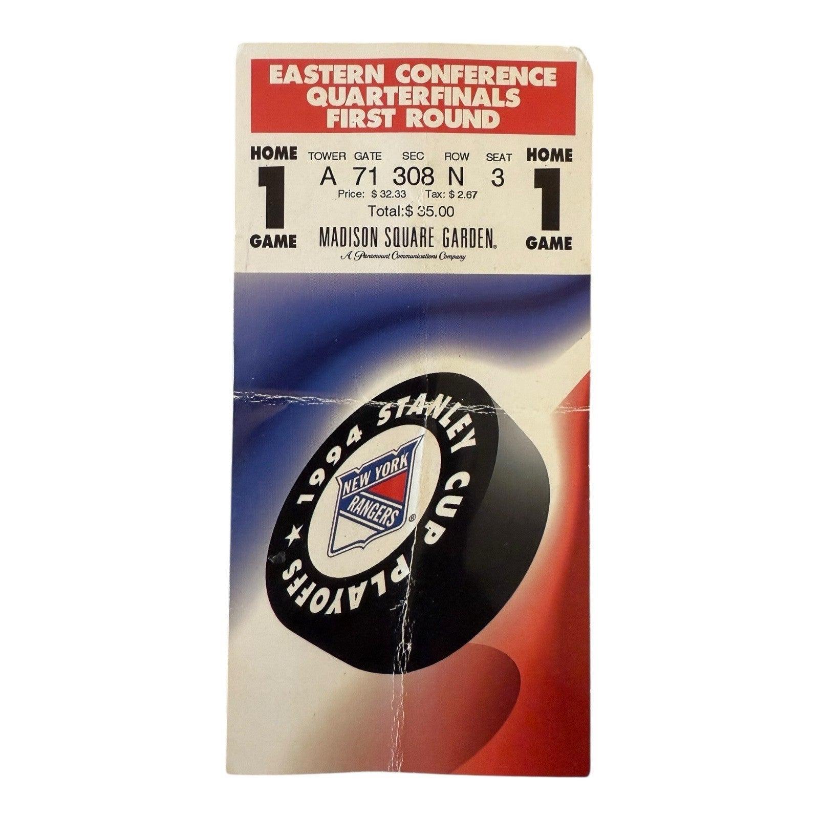 1994 Rangers Playoffs Ticket Stub - Game 1, Eastern Quarterfinals at MSG Vintage