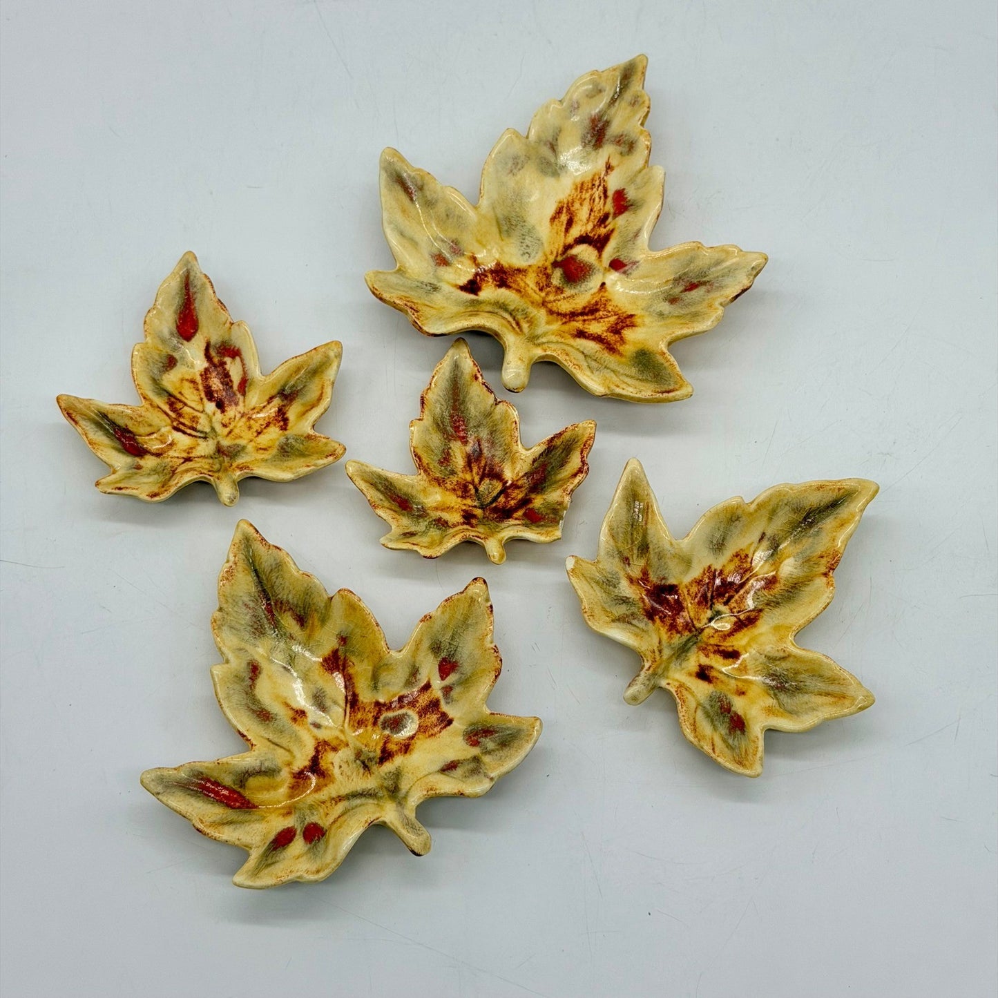 Vintage 1963 Ceramic Leaf Dishes Set of 5 Fall Drip Glaze Appetizer Trays