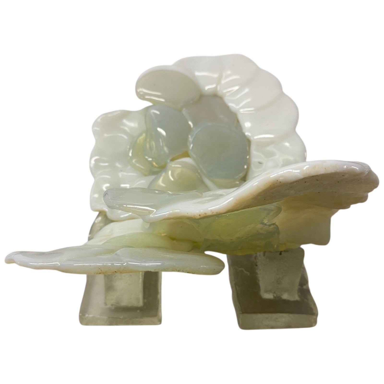 Vintage Abstract Art Glass Sculpture White Opaline Green Accent Cubist Base 1970