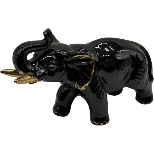 Black Elephant Figurine Gold Accents Ceramic Animal Statue Home Decor