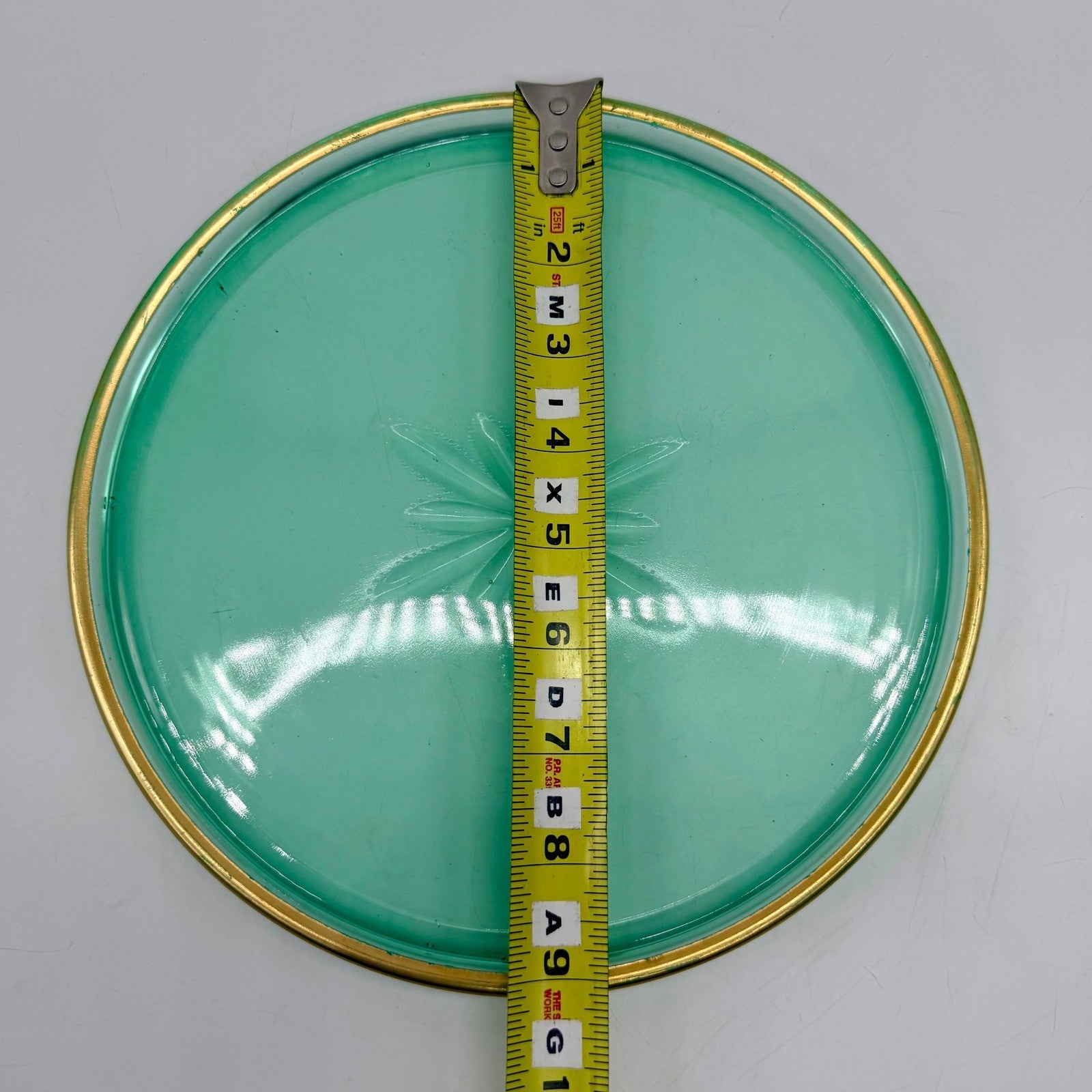 Vintage Green Uranium Glass Tray Starburst Pattern Gold Rim UV Reactive