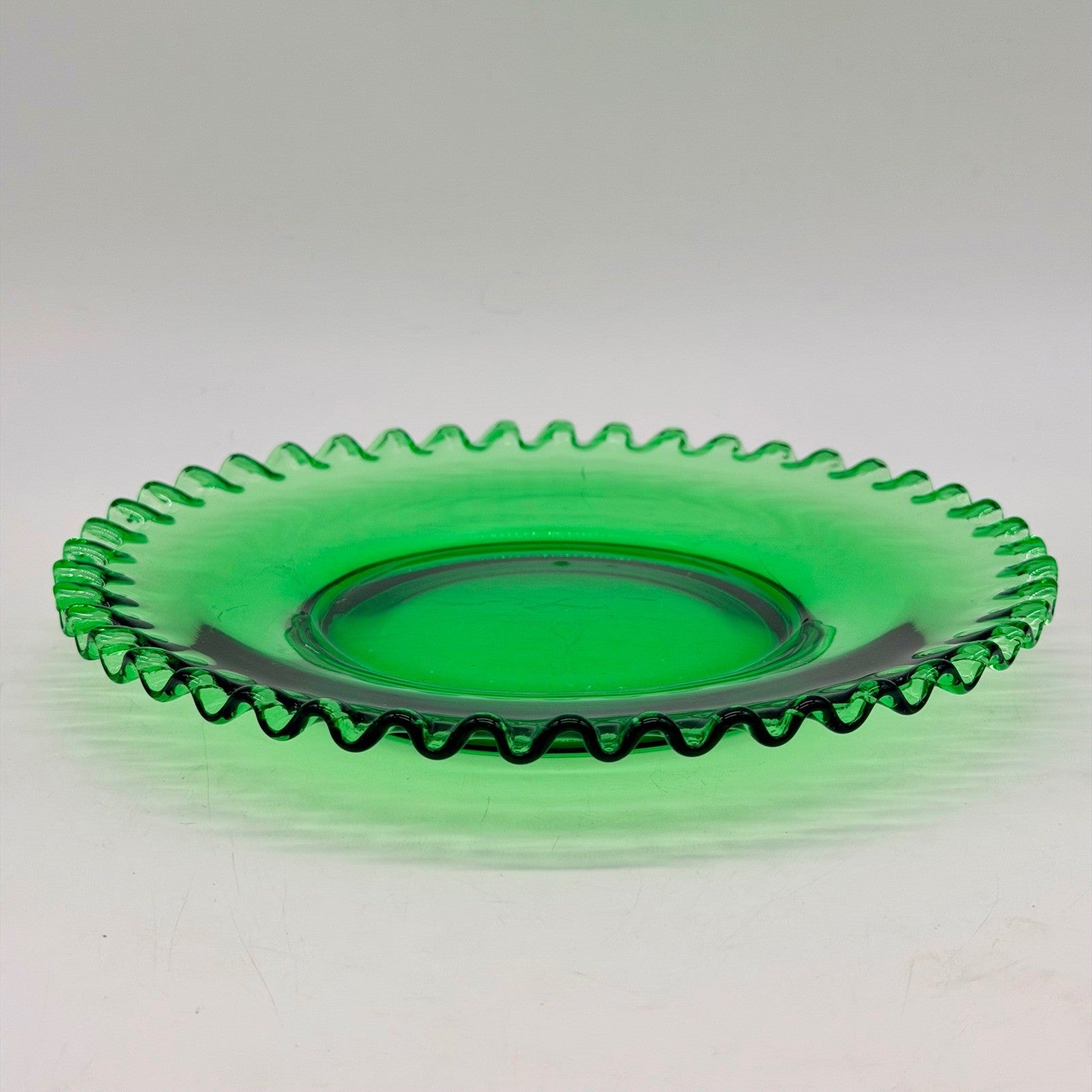 Vintage Emerald Green Glass Plates Set of 12 Ruffled Pie Crust Rim Dessert Salad