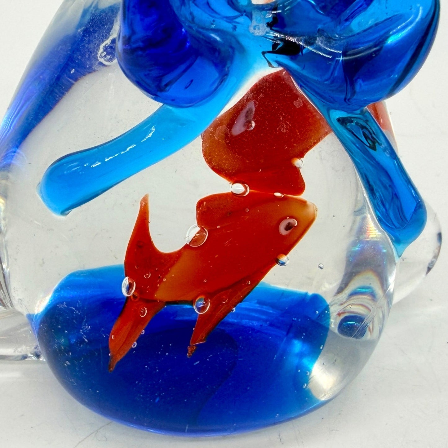 Art Glass Goldfish in a Bag Paperweight Blue Bow Murano Style Figurine