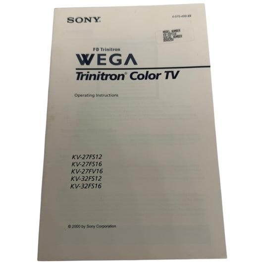 Sony WEGA Trinitron KV27FS12 KV32FS16 Color TV Operating Instructions Manual