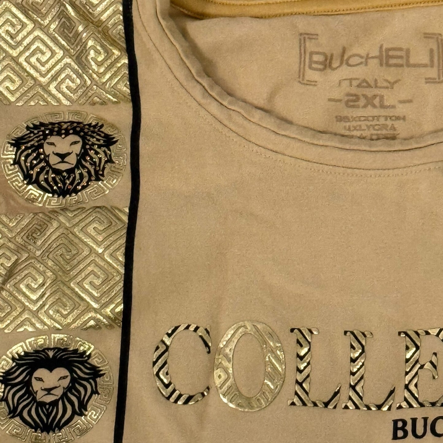 Bucheli Italy Men’s Slim Fit T-Shirt 2XL Beige Gold/Black Print