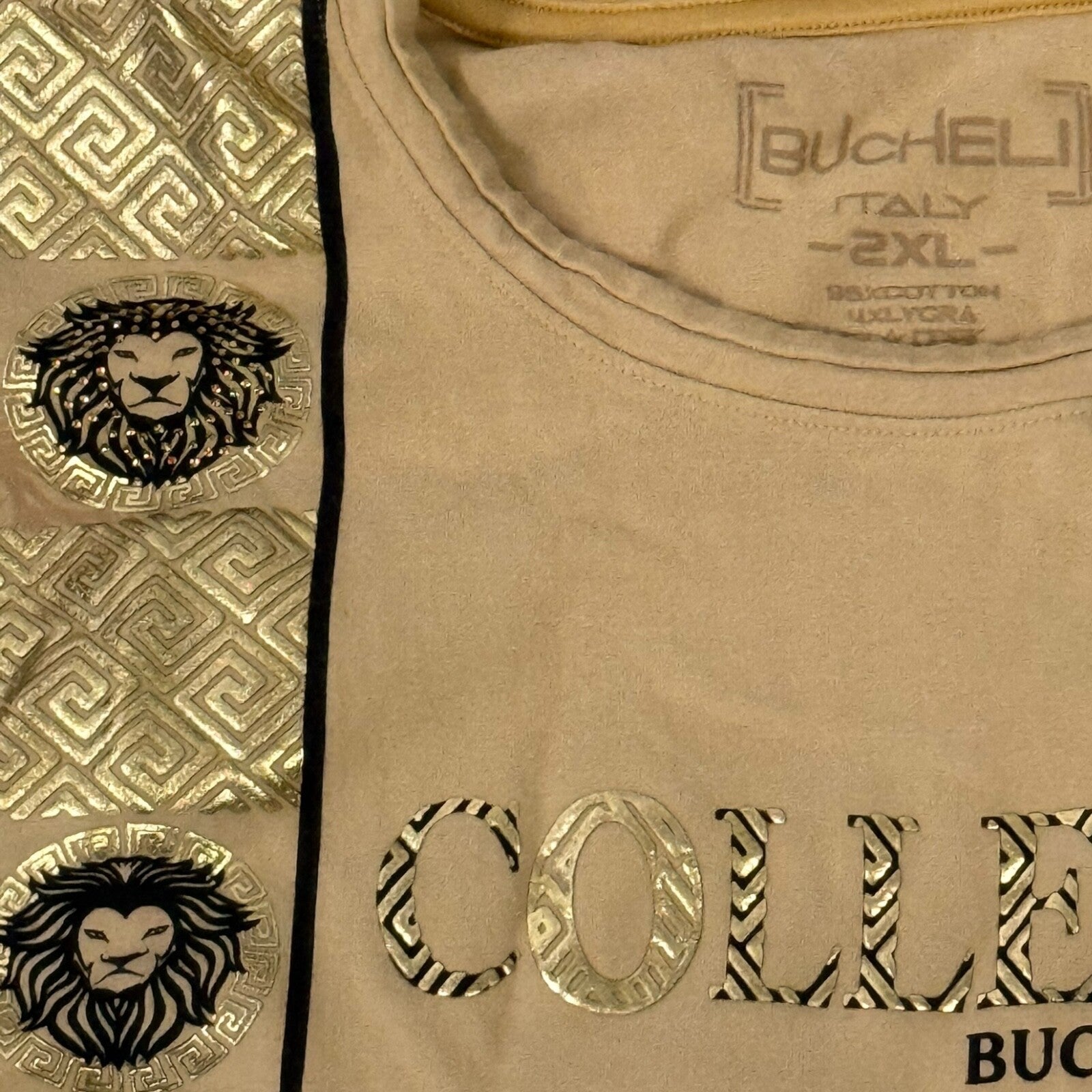 Bucheli Italy Men’s Slim Fit T-Shirt 2XL Beige Gold/Black Print