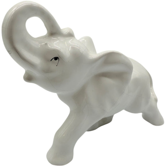 Vintage Ceramic White Elephant Figurine - Feng Shui Happy Trunk Up Statue Decor