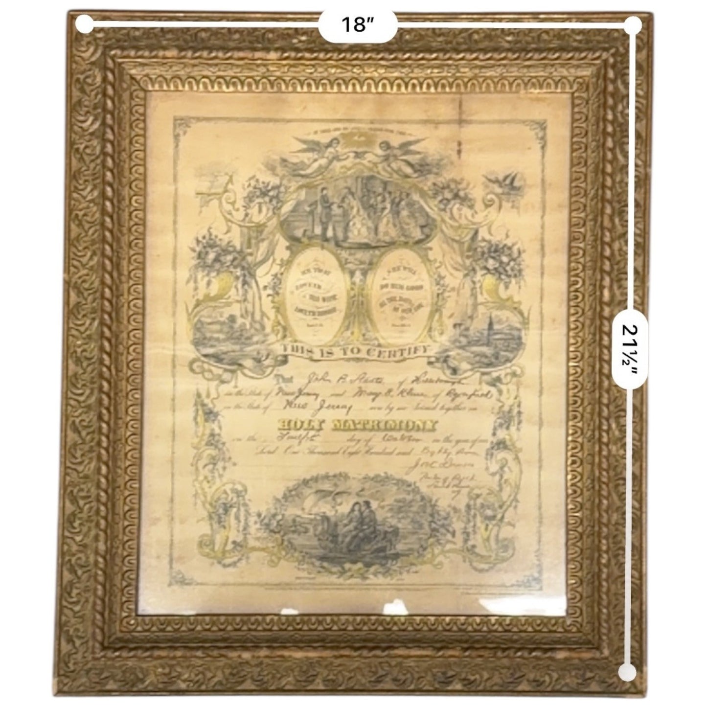 Antique 1881 Holy Matrimony Marriage Certificate John B Staats Mary E Kline NJ