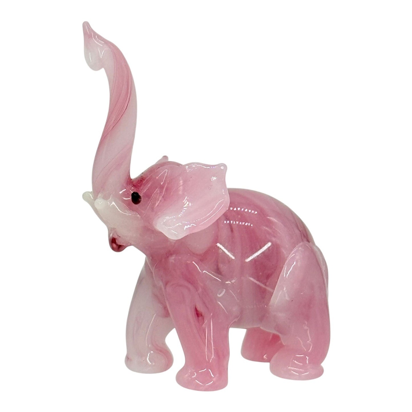 Art Glass Elephant Figurine Pink Swirl Trunk Up Good Luck Charm Decor