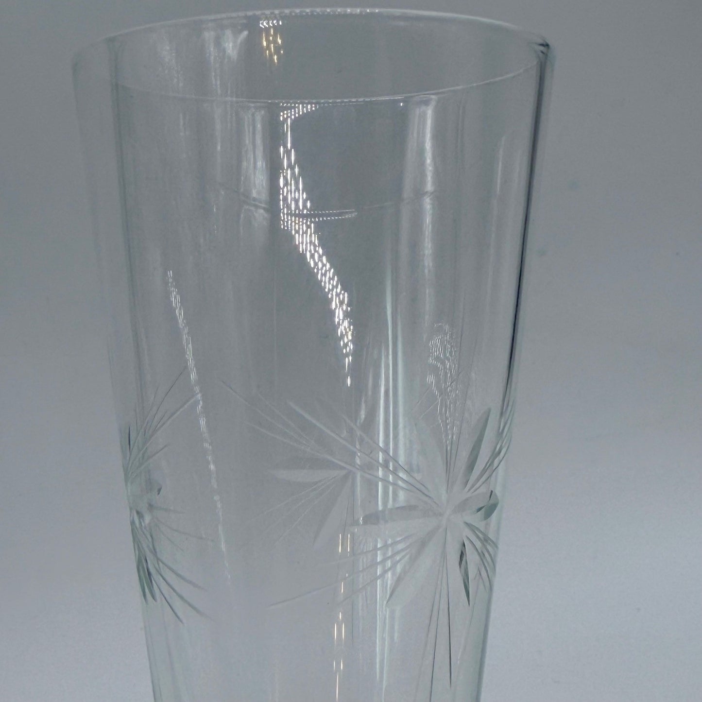 Vintage Etched Starburst Glass Stemware Set 7pc Flutes Wine Goblets Coupes MCM