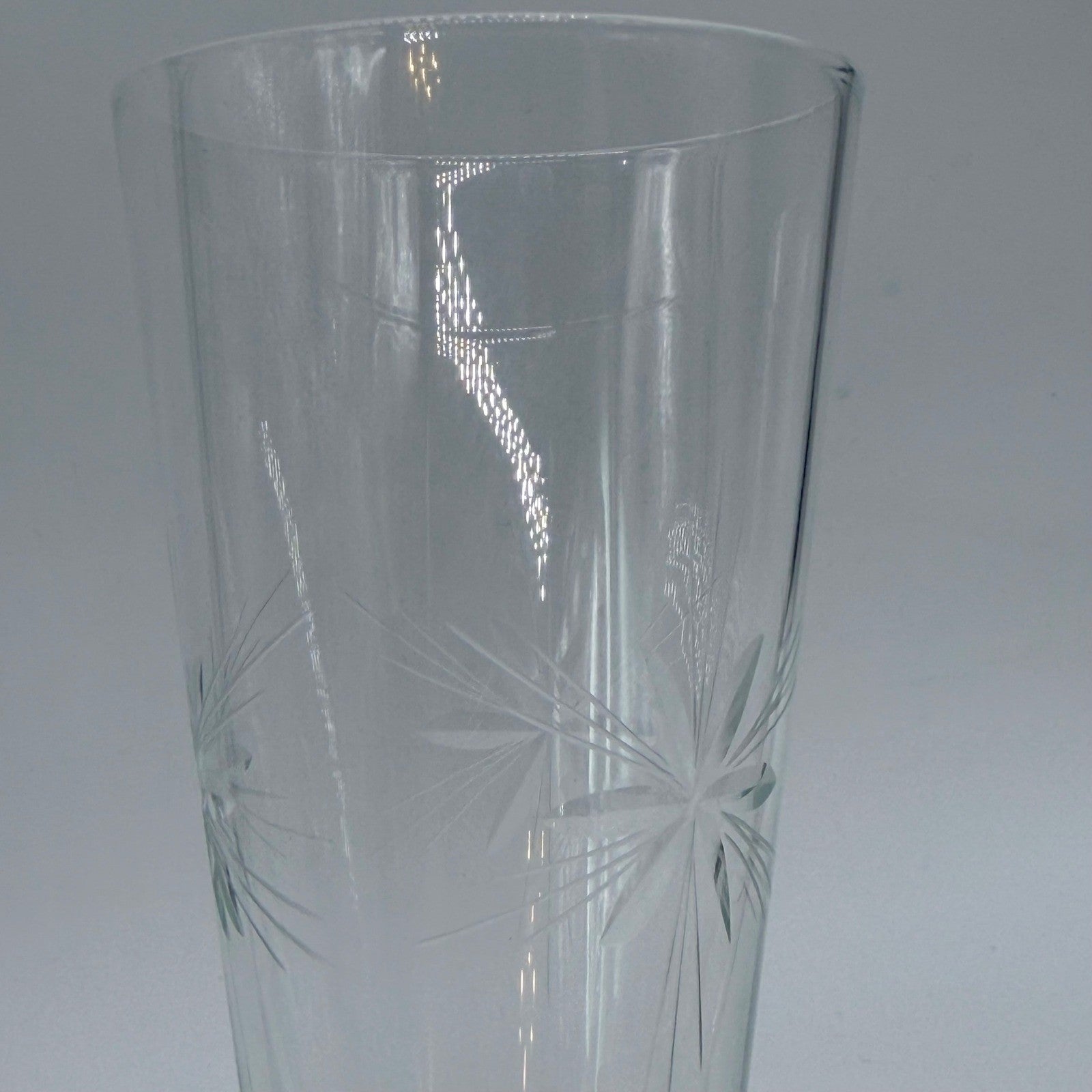 Vintage Etched Starburst Glass Stemware Set 7pc Flutes Wine Goblets Coupes MCM