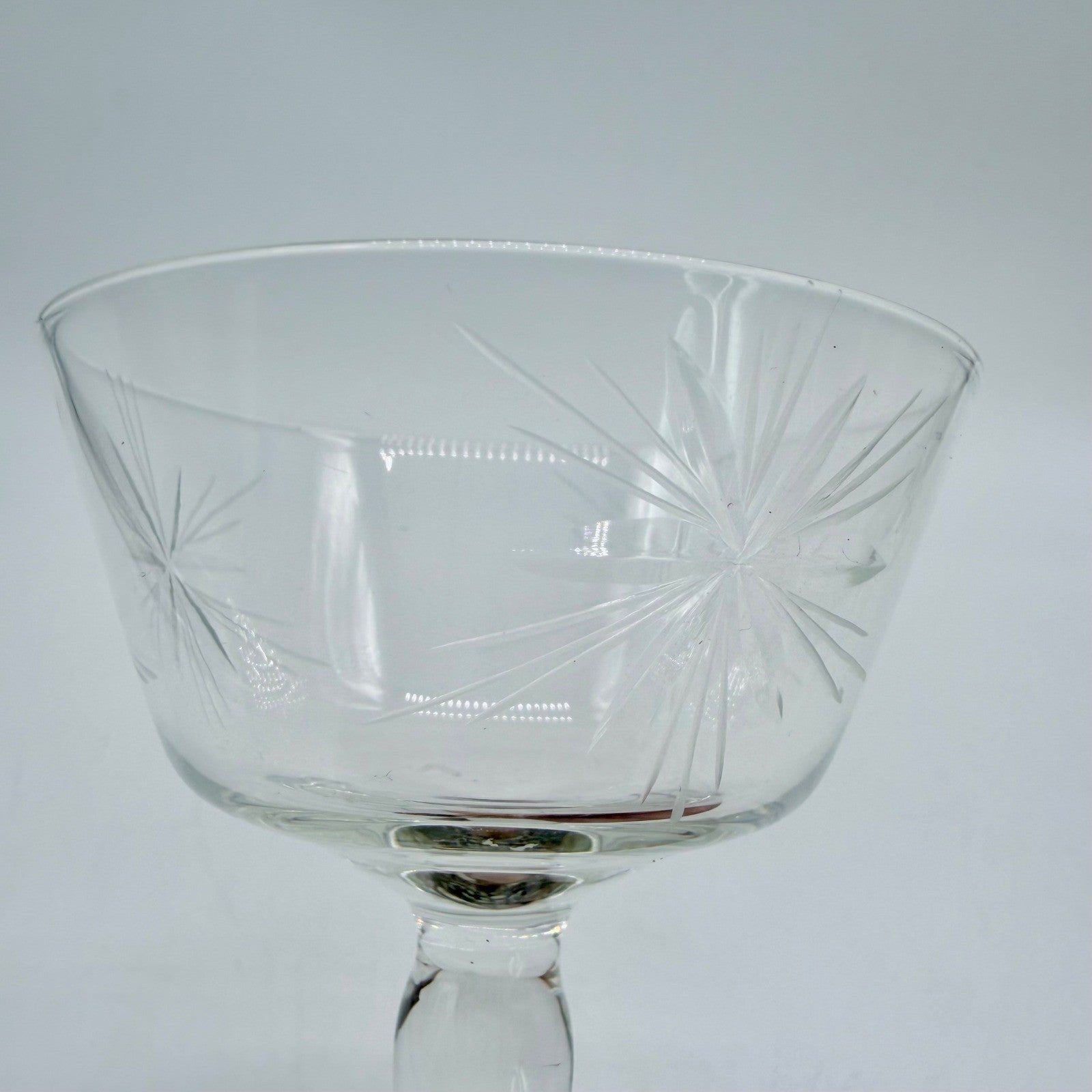 Vintage Etched Starburst Glass Stemware Set 7pc Flutes Wine Goblets Coupes MCM