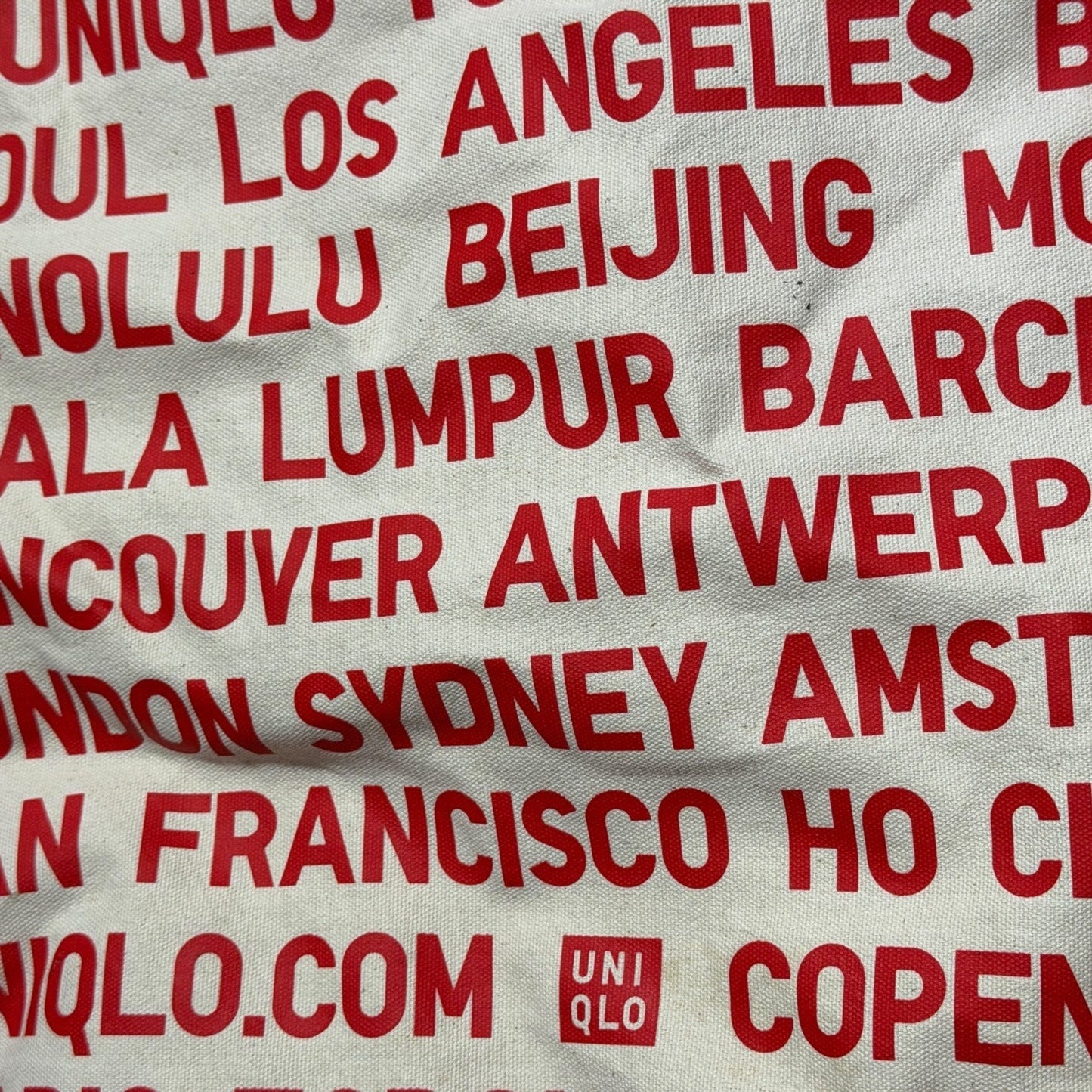 Uniqlo Canvas Tote Bag White Red City Names Graphic Print Top Handle
