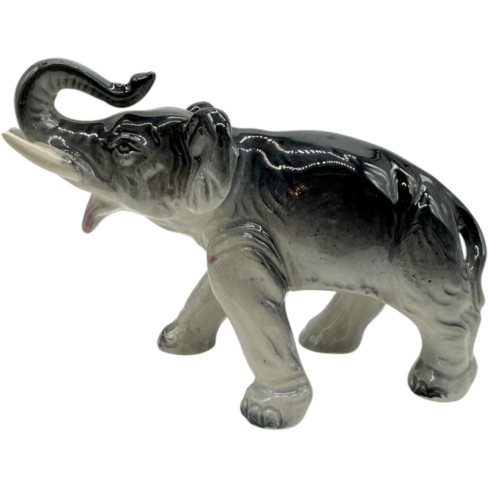 Vintage Japanese Dark Grey Porcelain Elephant Figurine - Trunk Up - Collectible