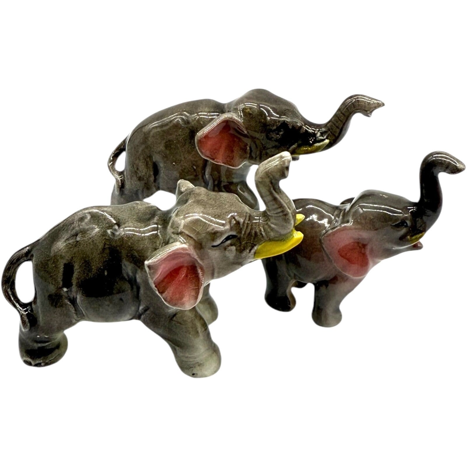 Vintage Ceramic Elephants Family Figurine - 2 Adults & 1 Baby - Trunks Up