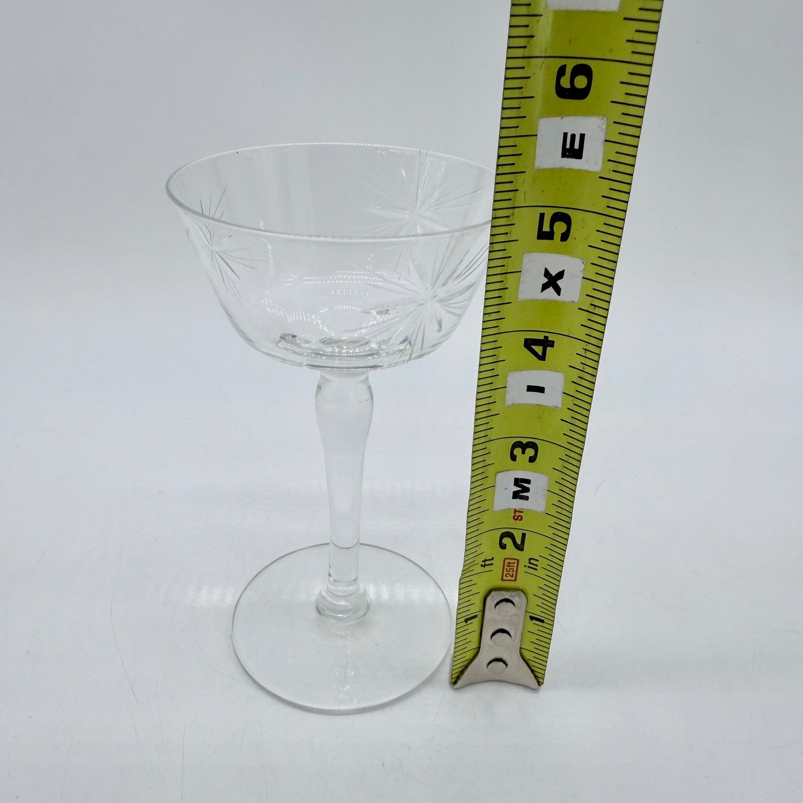 Vintage Etched Starburst Glass Stemware Set 7pc Flutes Wine Goblets Coupes MCM