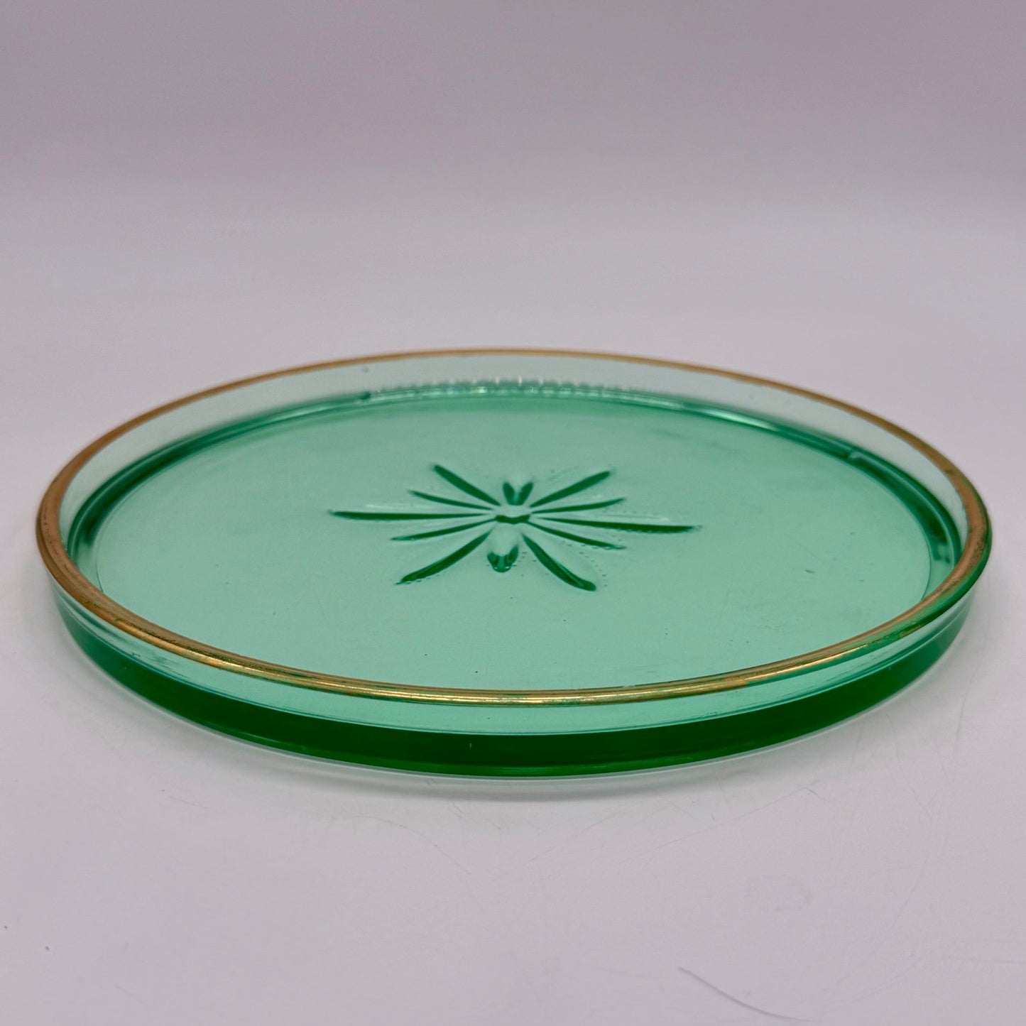 Vintage Green Uranium Glass Tray Starburst Pattern Gold Rim UV Reactive