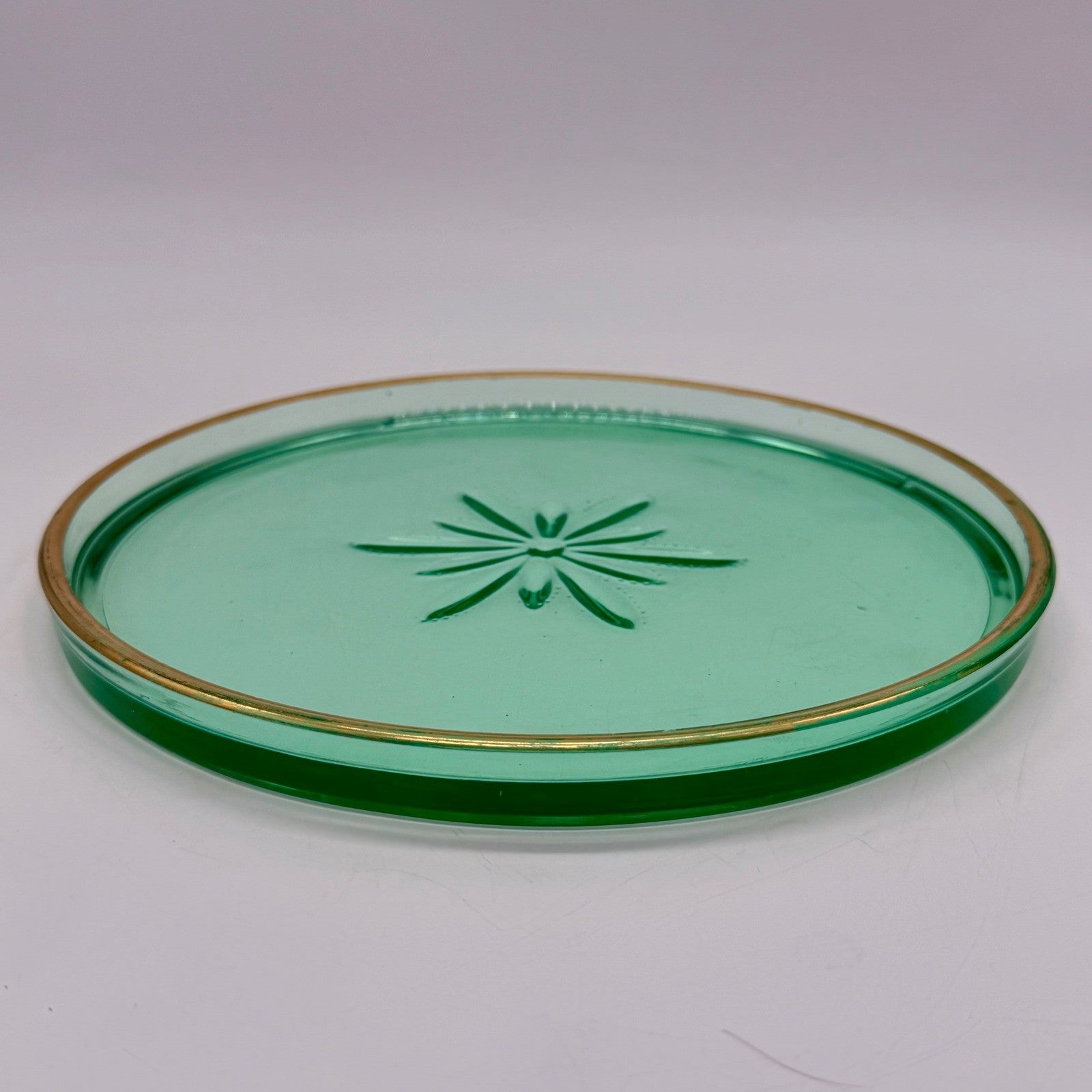 Vintage Green Uranium Glass Tray Starburst Pattern Gold Rim UV Reactive