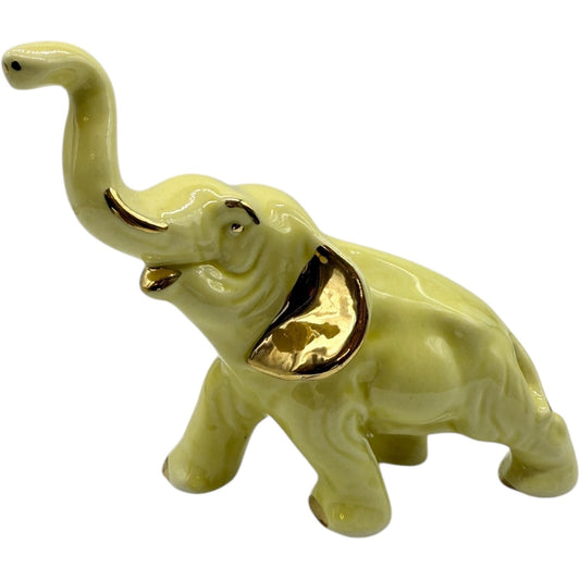 Vintage Ceramic Elephant Figurine Trunk Up | Yellow with Golden Trim | Good Luck