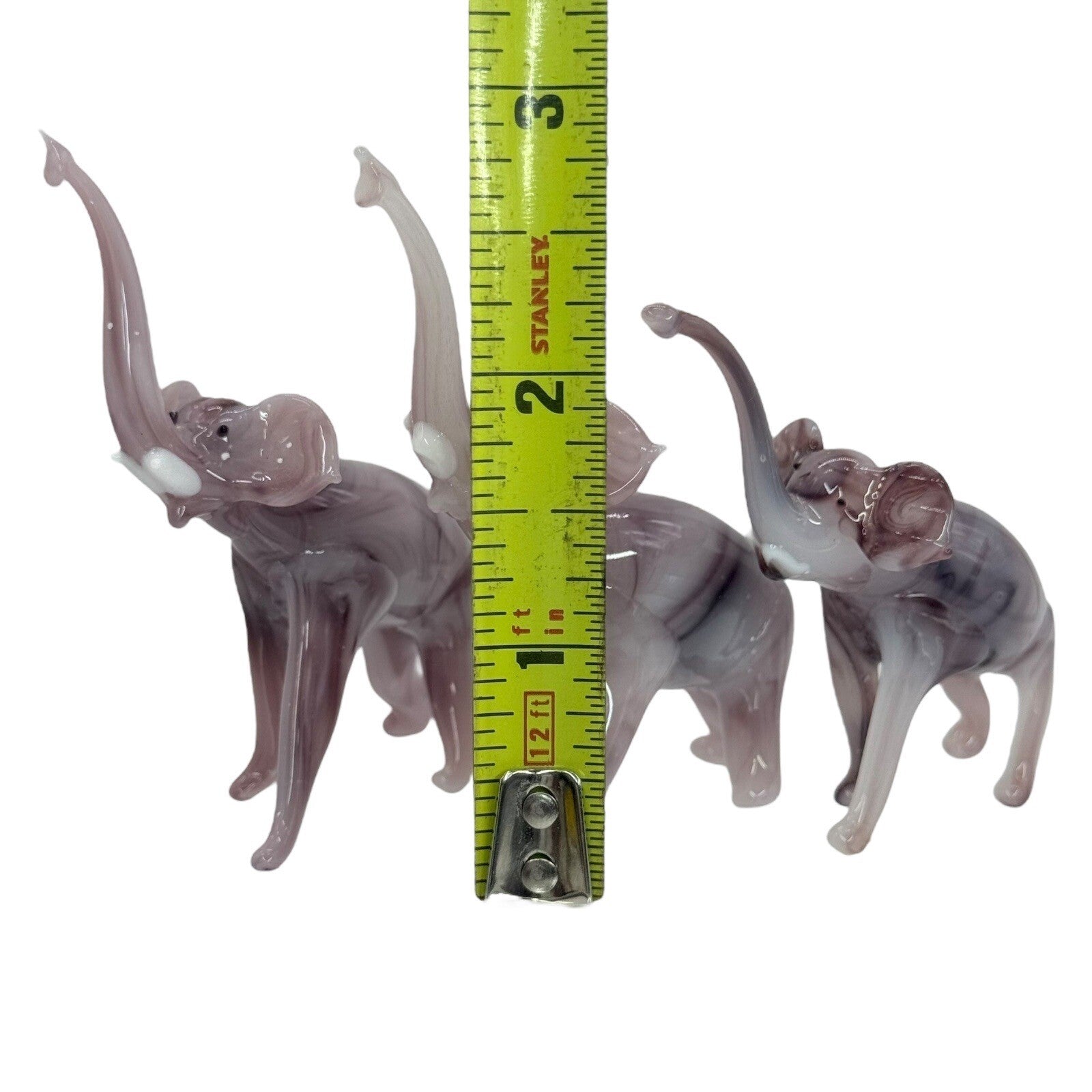 Murano Style Glass Elephant Figurines Set of 3 Trunk Up Good Luck Decor