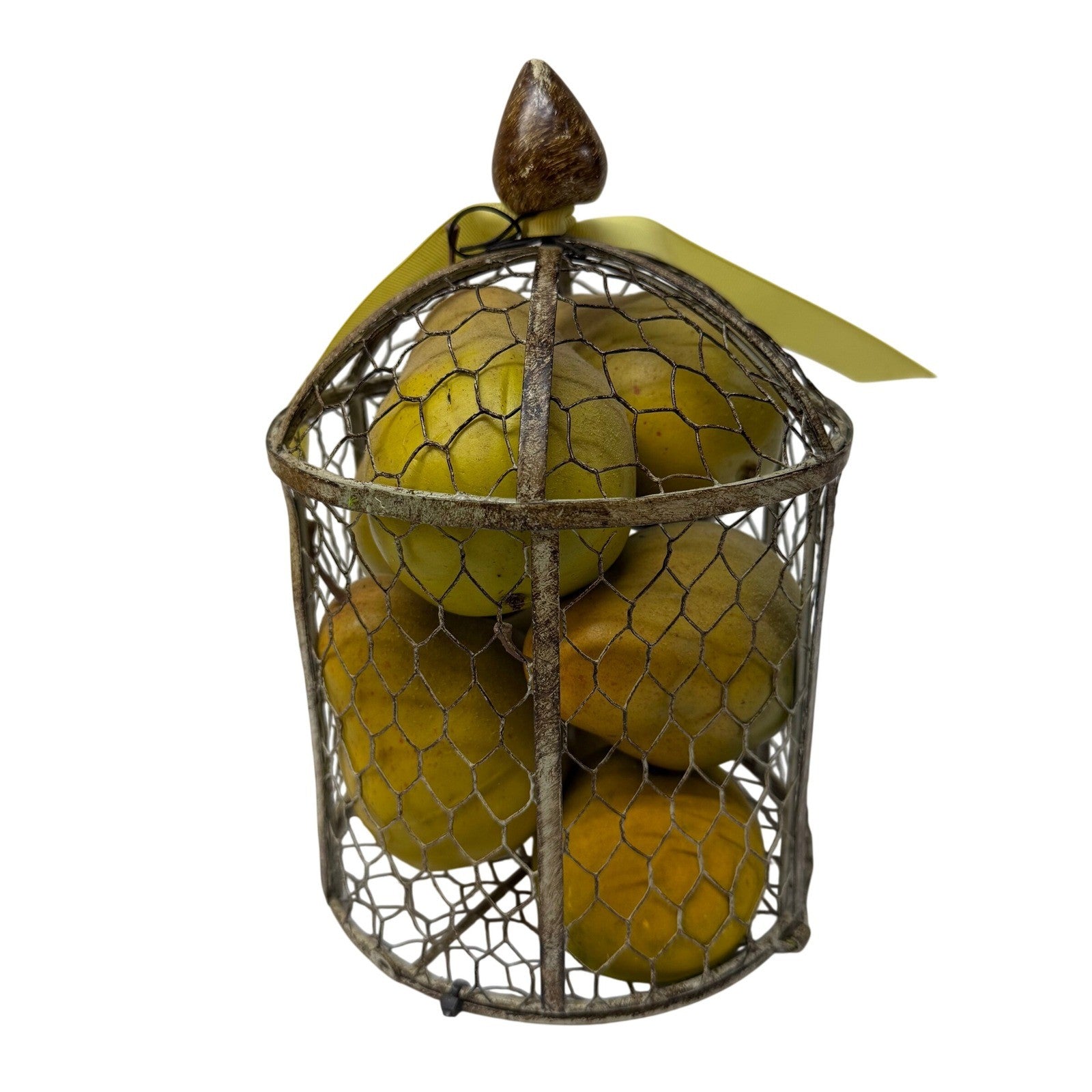 Rustic Wire Birdcage Basket with Faux Yellow Pears Farmhouse Decor Centerpiece
