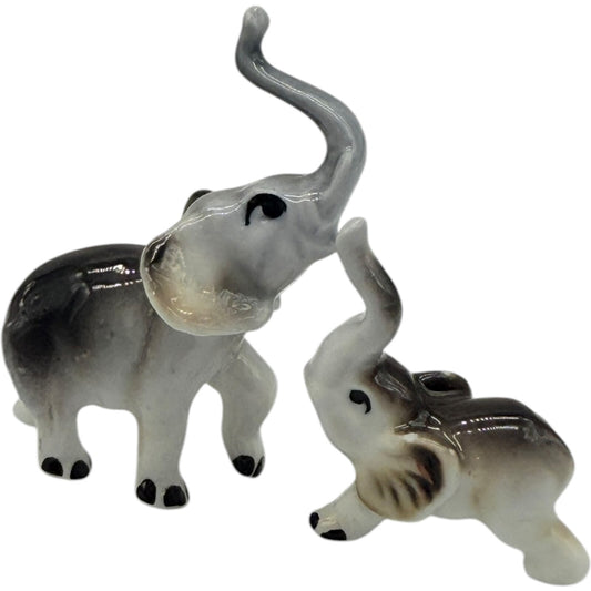 Vintage Rare Japanese Ceramic Miniature Elephant Figurines - Parent & Child