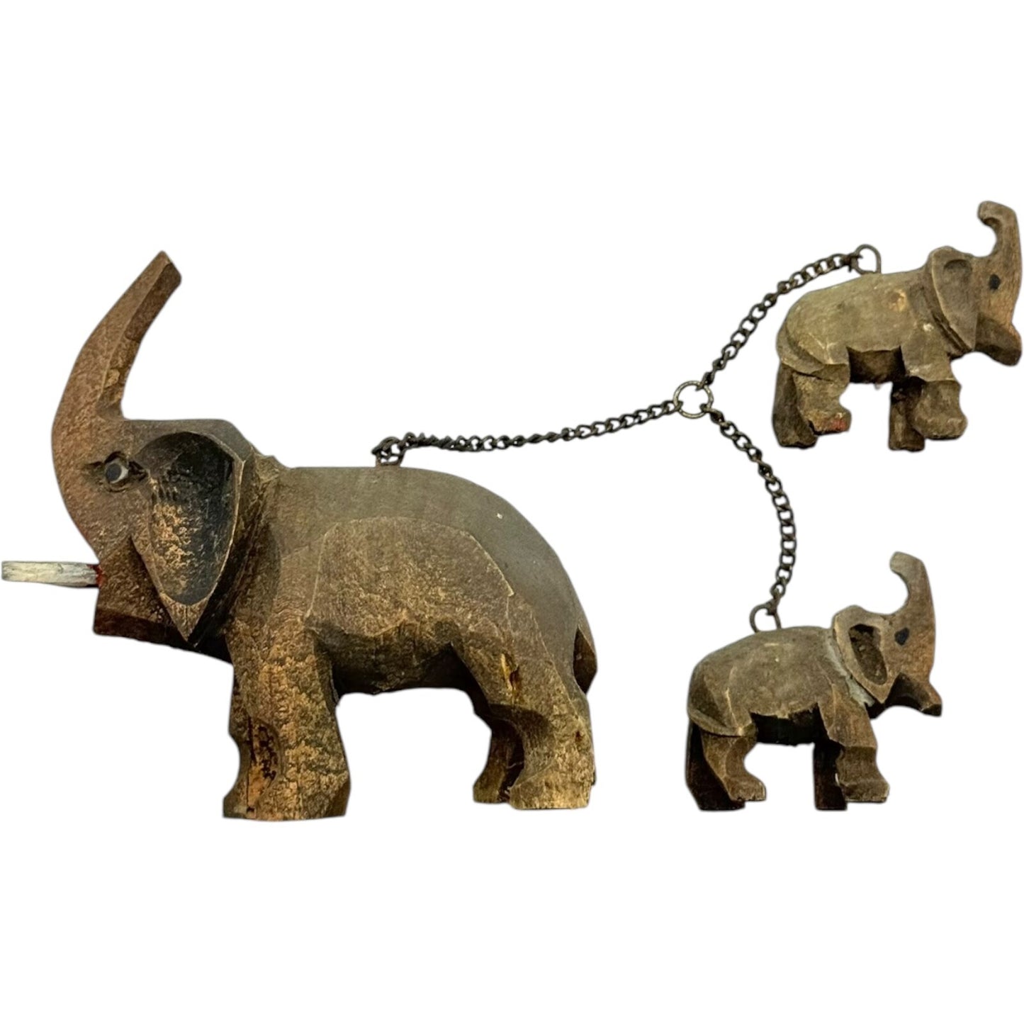 Vintage 1950s German Hand-Carved Wooden Elephant Toy Set with 2 Baby Elephants
