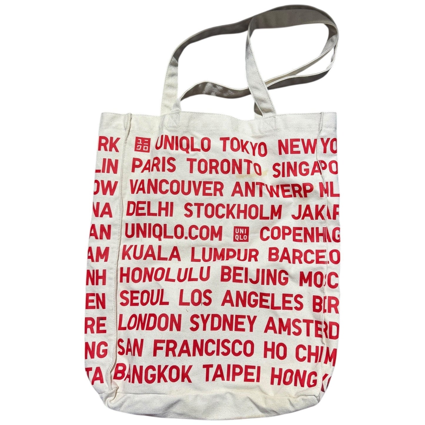 Uniqlo Canvas Tote Bag White Red City Names Graphic Print Top Handle