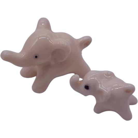 Vtg Miniature Pale Pink Ceramic Elephant Figurines - Family Set of 2 Germany