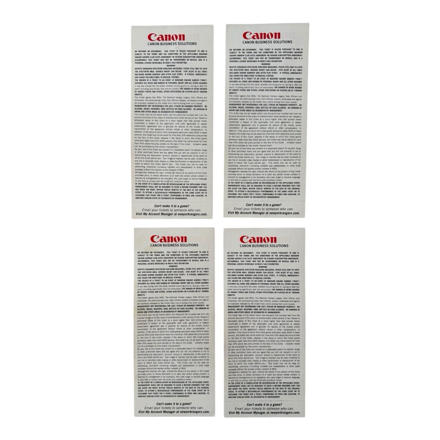 New York Rangers Preseason Ticket Stubs (4) vs. Bruins & Devils – 2005