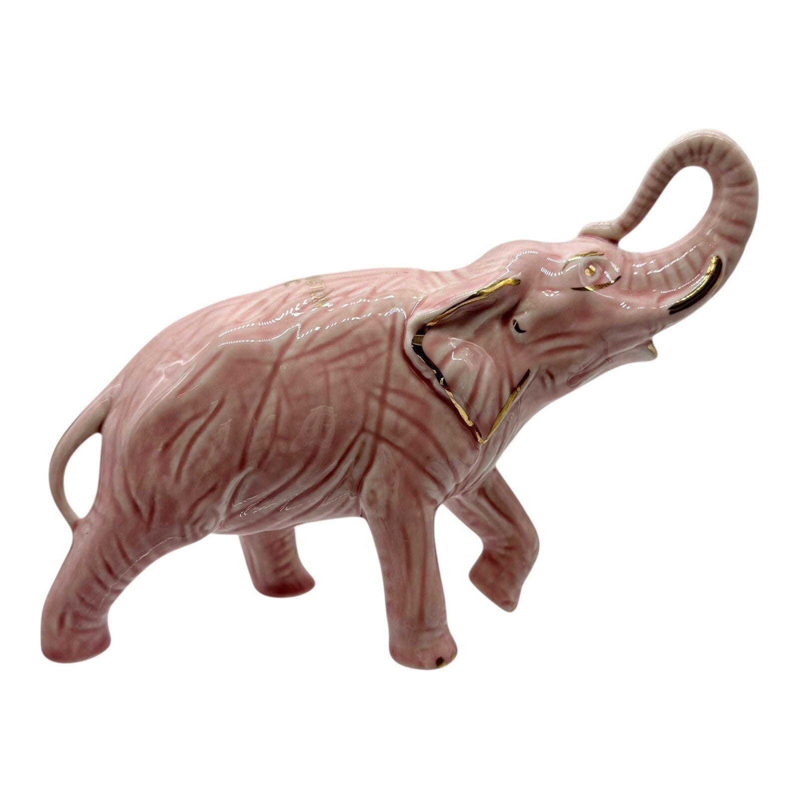 Pink Elephant Figurine Gold Accents Trunk Up Good Luck Home Decor Statue