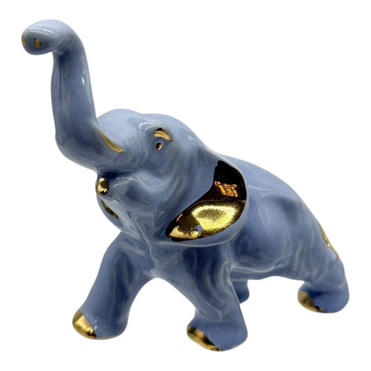 Elephant Figurine Blue Ceramic Gold Accents Trunk Up Good Luck Vintage Decor