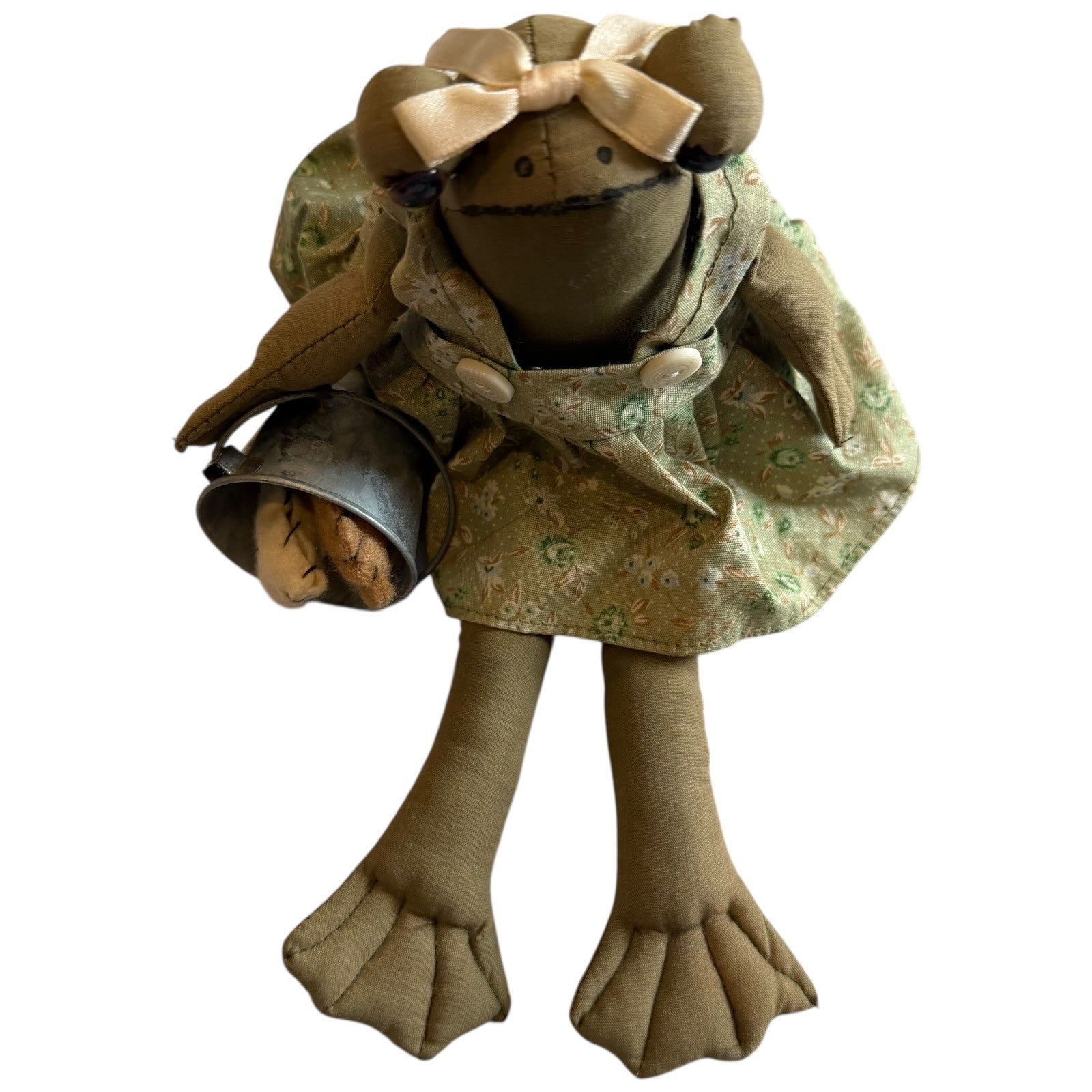 Handmade Primitive Frog Doll Floral Jumper with Metal Bucket and Fish Vintage